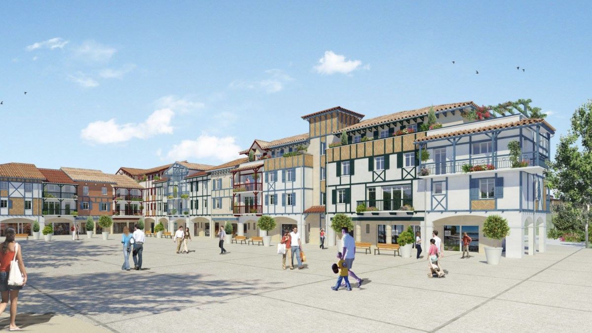 Image 3D de la place du marché de Sanguinet avec la résidence Azaïs avec des locaux commerciaux à louer